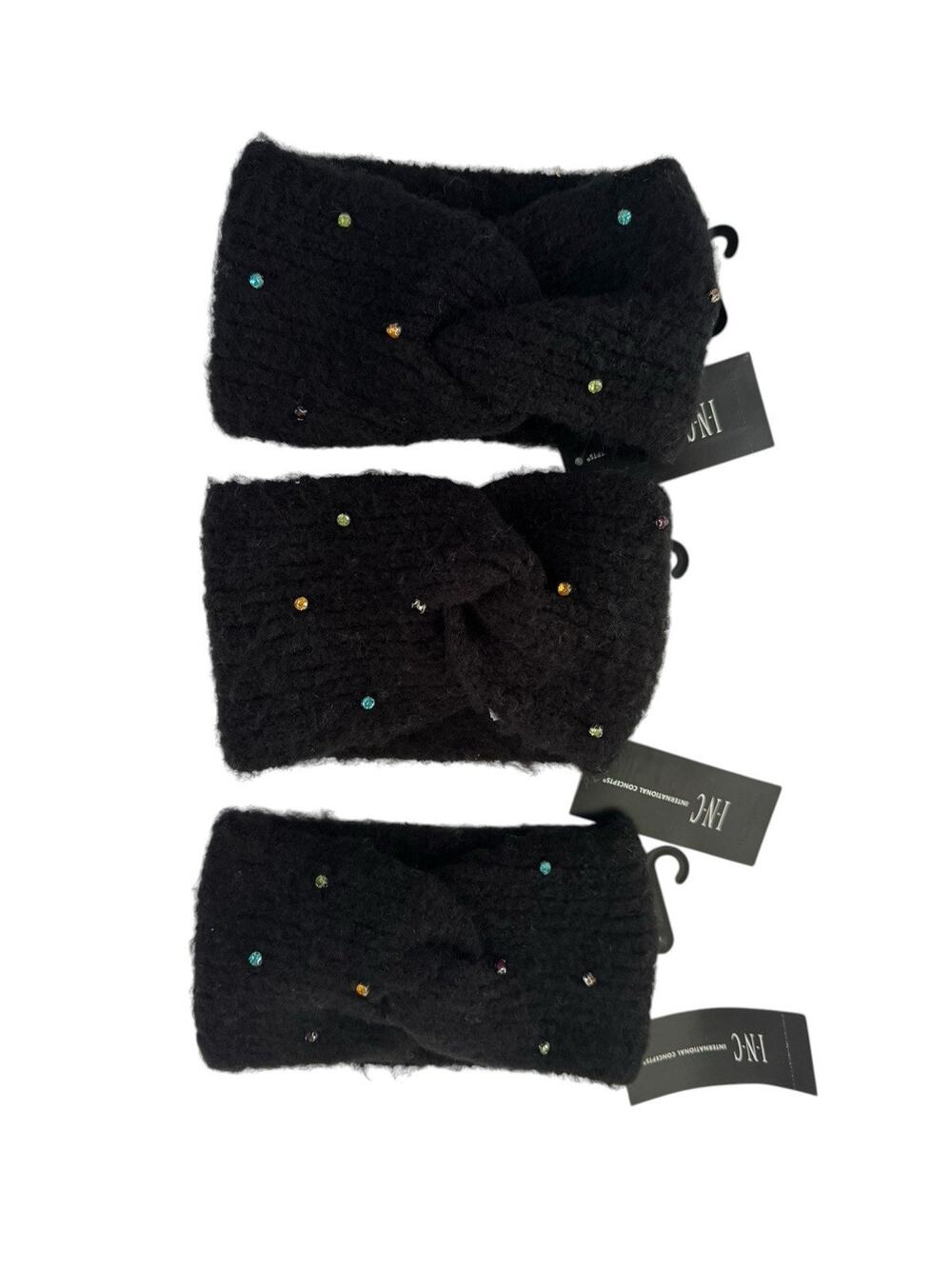 NWT INC Embellished Gemstone Knot Twist Sweater Headwrap Black $74 3pc LOT #7429